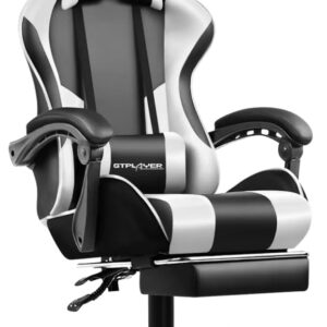 GTPLAYER #1USA Gaming Chair – Massage Cushion, Premium PU Leather, Ergonomic Design with Footrest, 360° Swivel, Adjustable Neck & Lumbar Pillow for Back Support, Home & Office Chair (White)